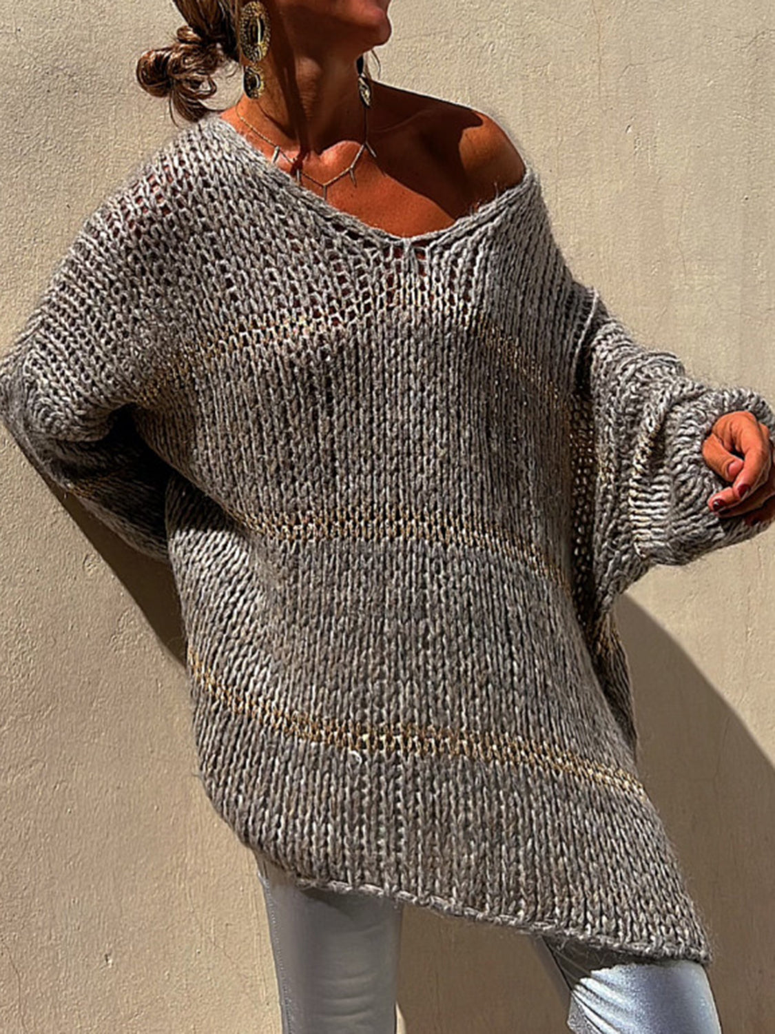 Openwork V-Neck Long Sleeve Sweater - The Boutie Shop