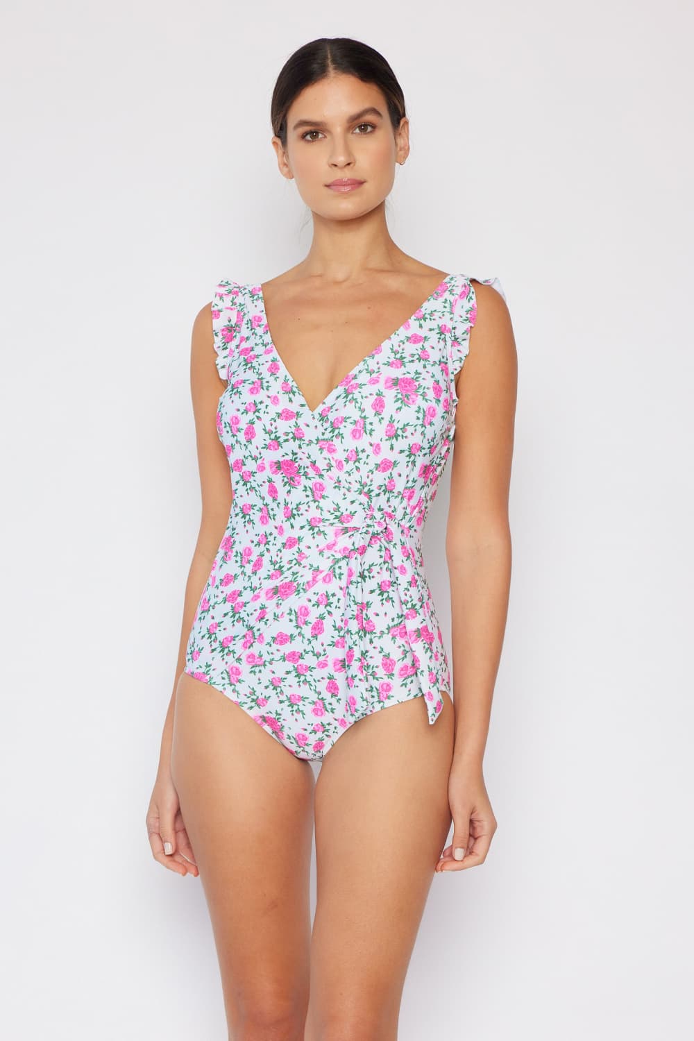 Marina West Swim Full Size Float On Ruffle Faux Wrap One-Piece in Roses Off-White - The Boutie Shop