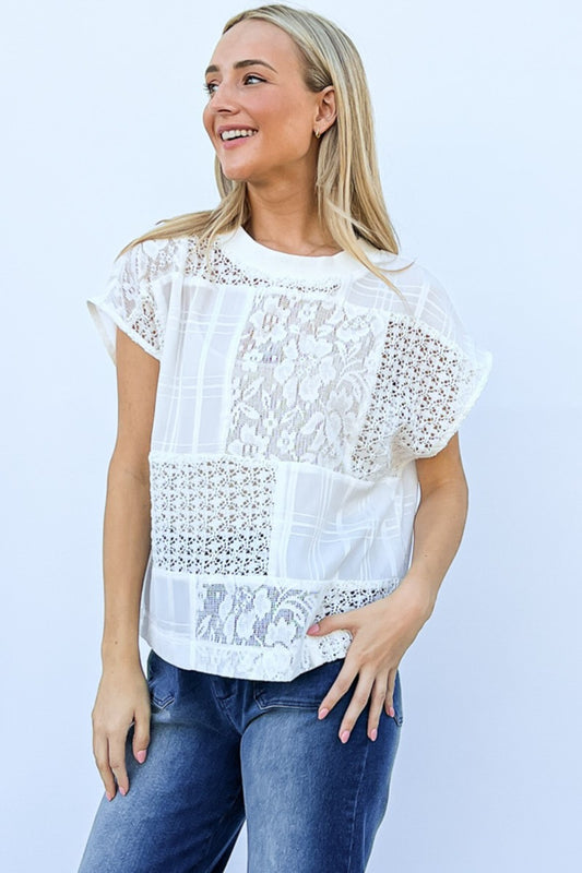 And The Why Lace Patchwork Short Sleeve Top and Cami Set - The Boutie Shop