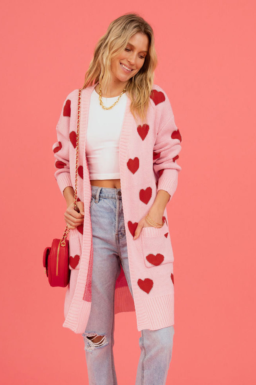 Heart Graphic Open Front Cardigan with Pockets - The Boutie Shop