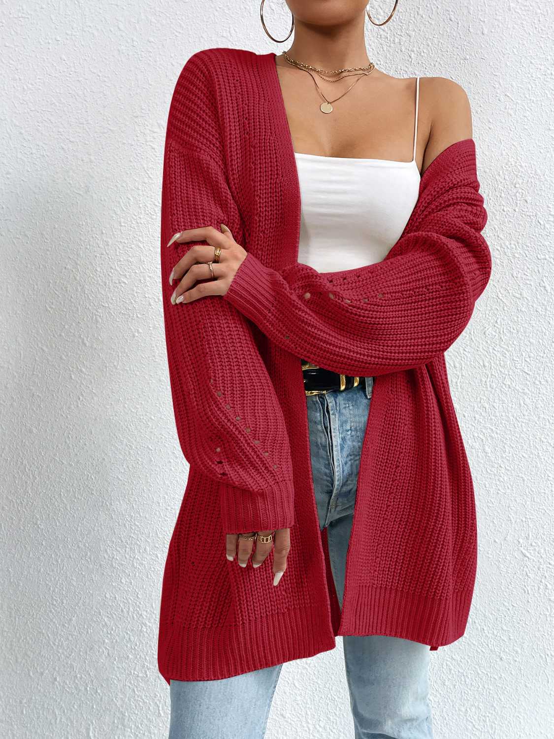Open Front Dropped Shoulder Slit Cardigan - The Boutie Shop
