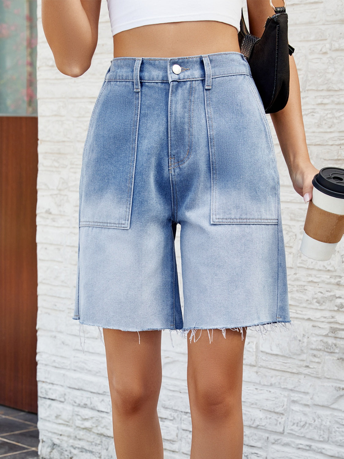 Buttoned Raw Hem Denim Shorts with Pockets - The Boutie Shop