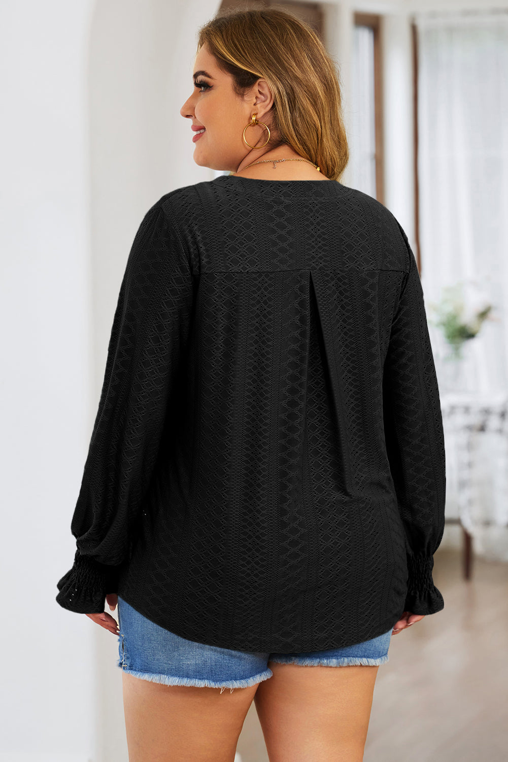 Plus Size Eyelet Notched Flounce Sleeve Blouse - The Boutie Shop