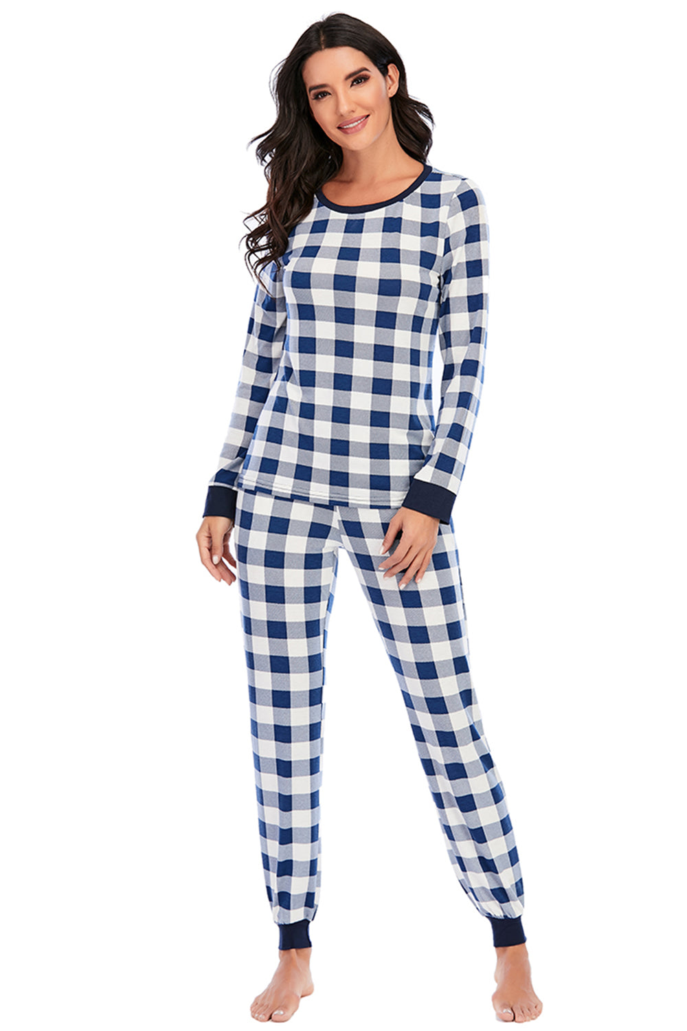 Plaid Round Neck Top and Pants Set - The Boutie Shop