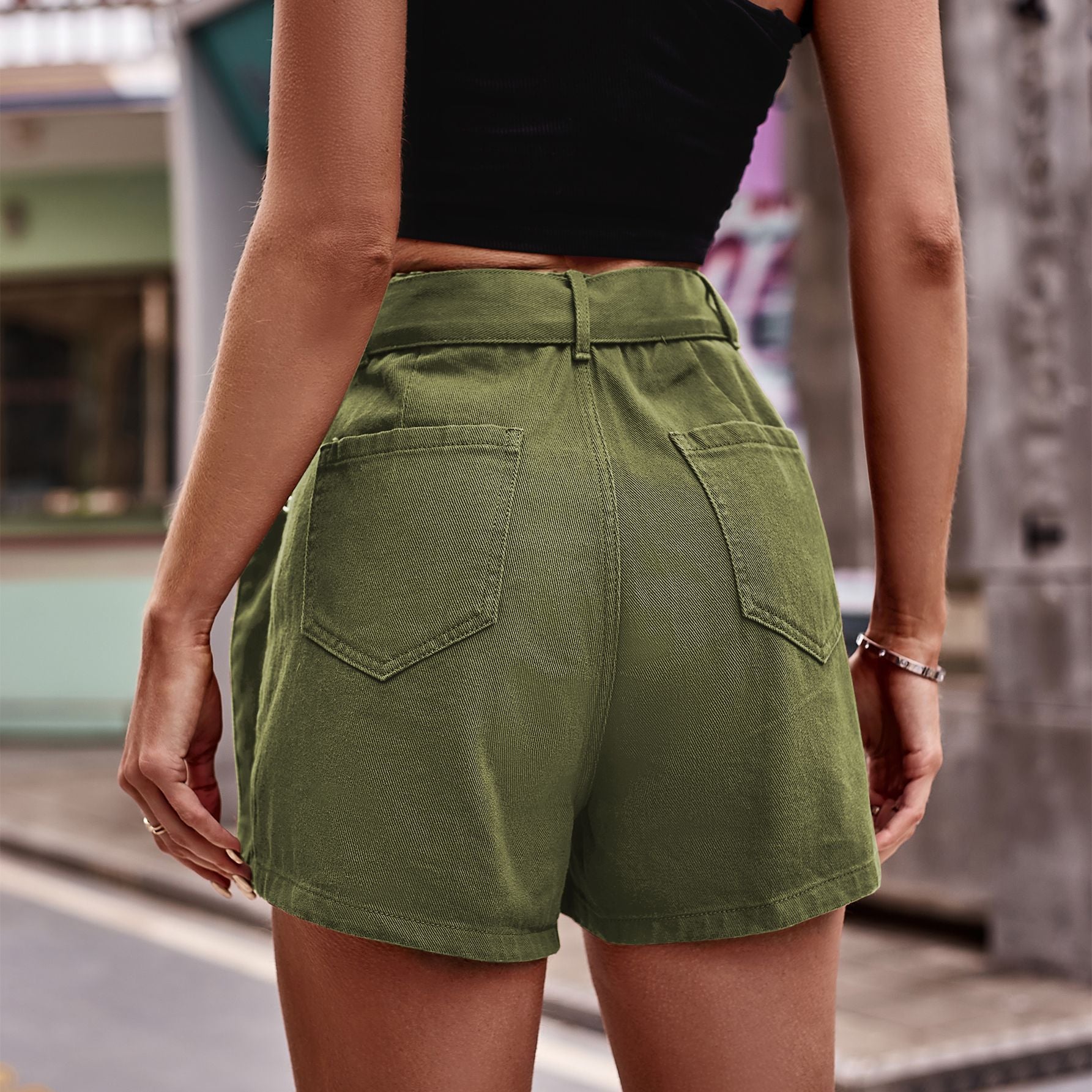 Belted Denim Shorts with Pockets - The Boutie Shop