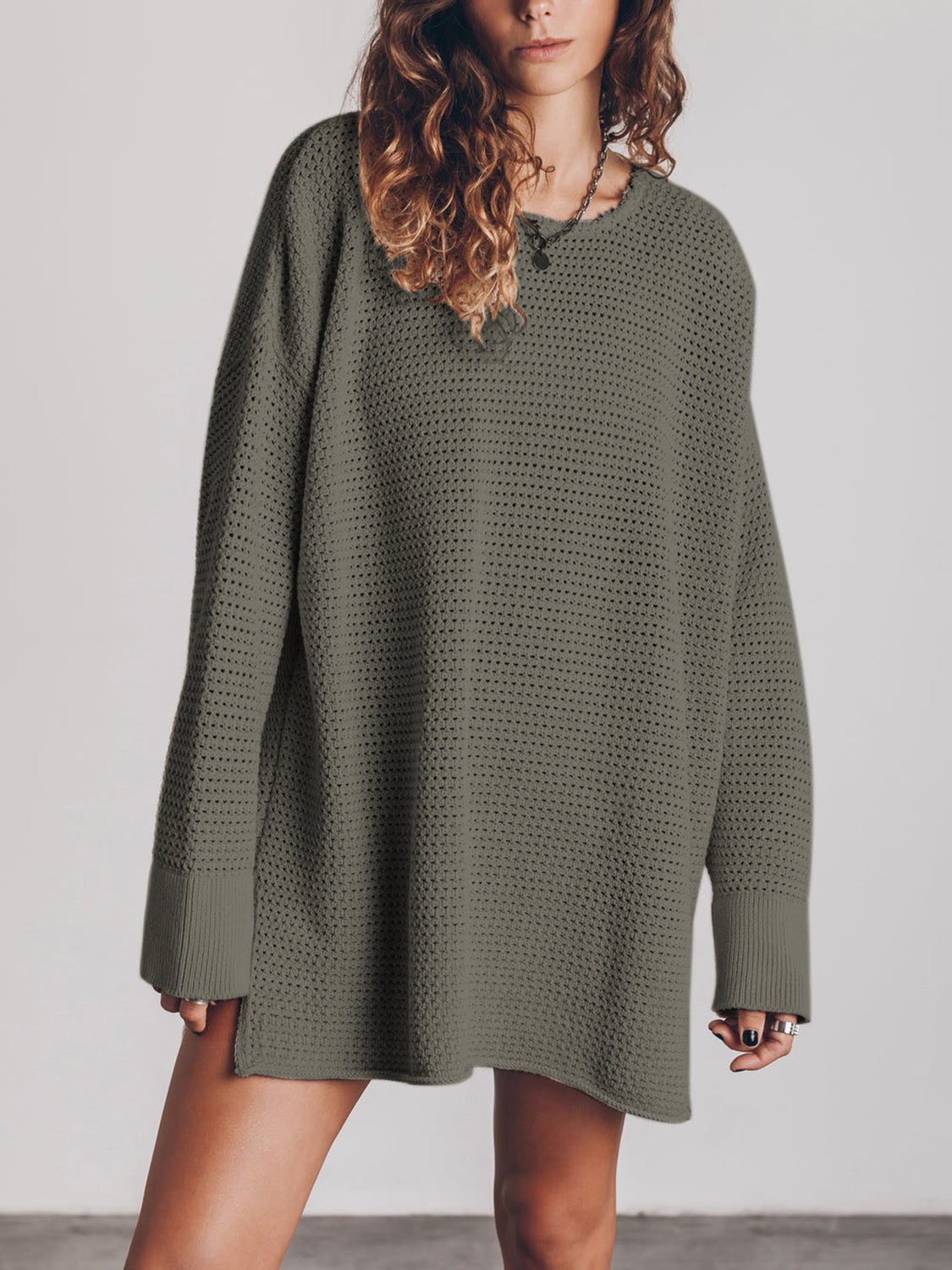 Openwork Round Neck Long Sleeve Slit Sweater - The Boutie Shop