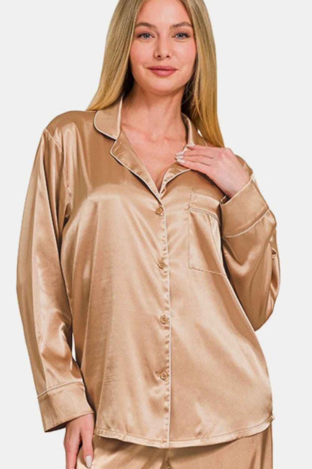 Zenana Satin Long Sleeve Shirt and Pants Pajama Set - The Boutie Shop