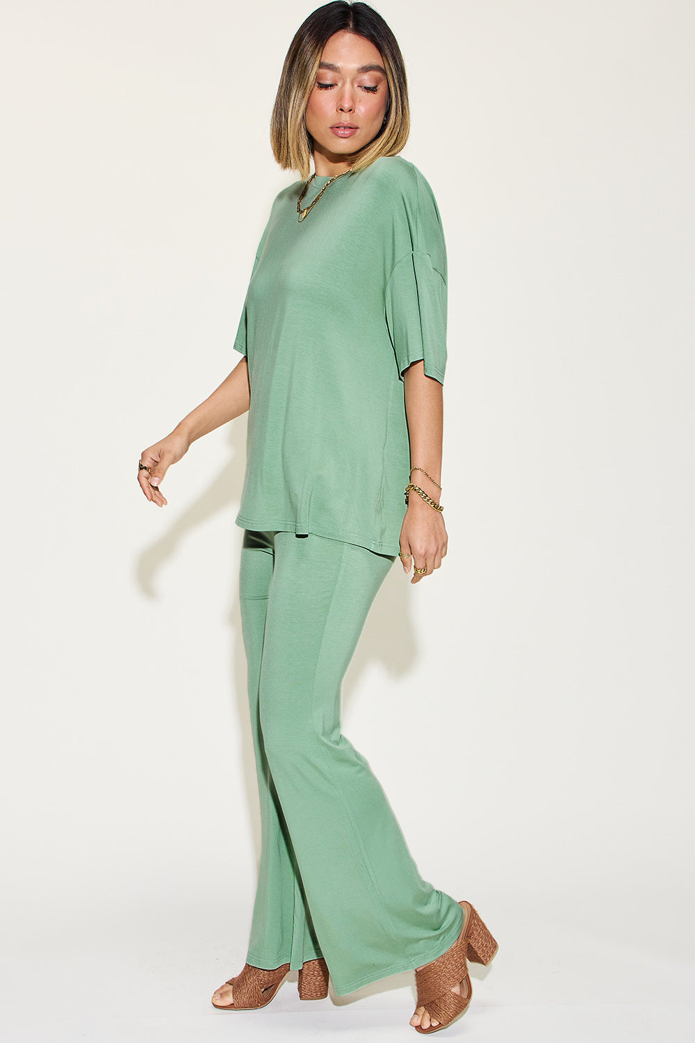 Basic Bae Full Size Bamboo Drop Shoulder T-Shirt and Flare Pants Set - The Boutie Shop