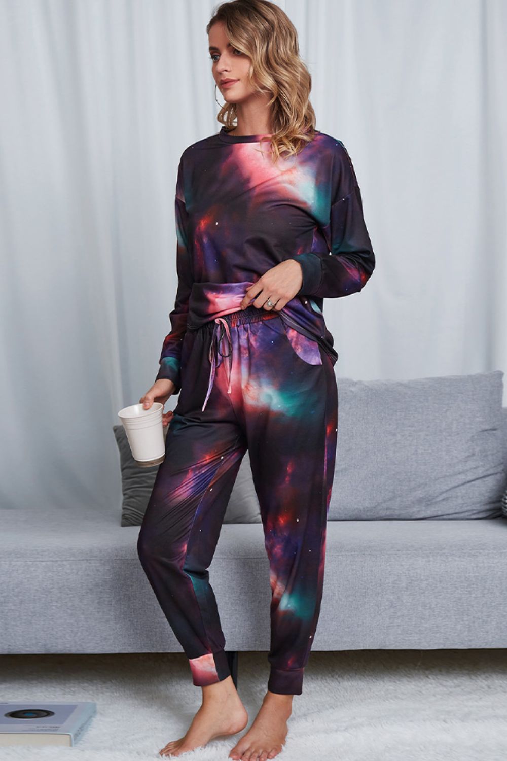 Shiny Tie-Dye Crewneck Top and Drawstring Waist Joggers Lounge Set - The Boutie Shop