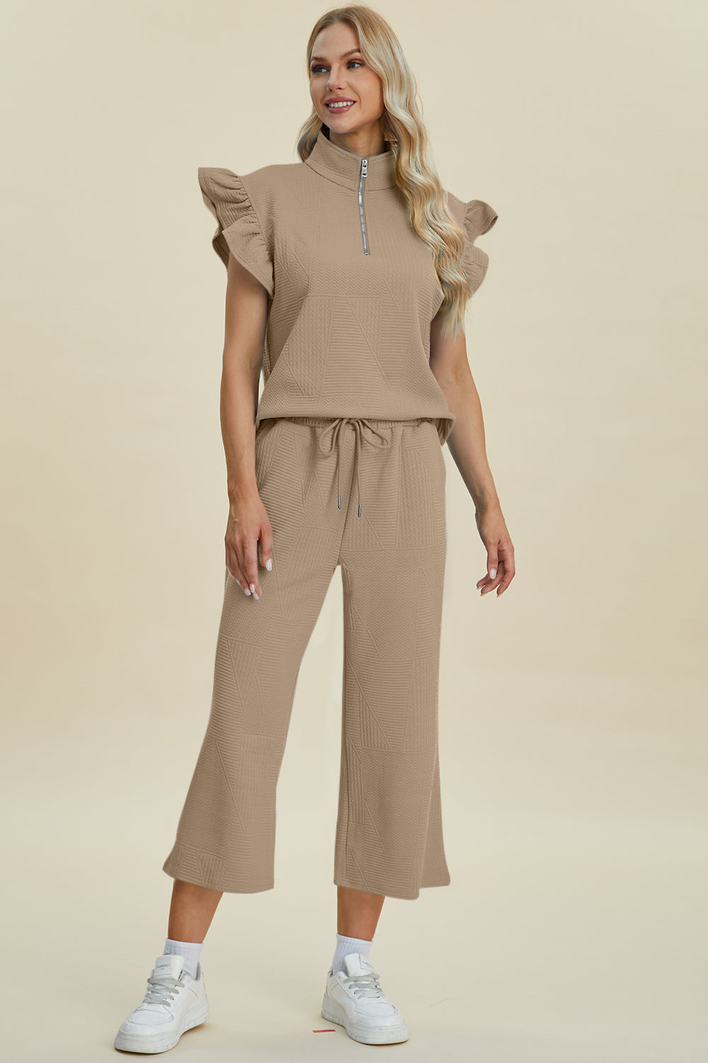 Double Take Full Size Texture Ruffle Short Sleeve Top and Wide Leg Pants Set - The Boutie Shop