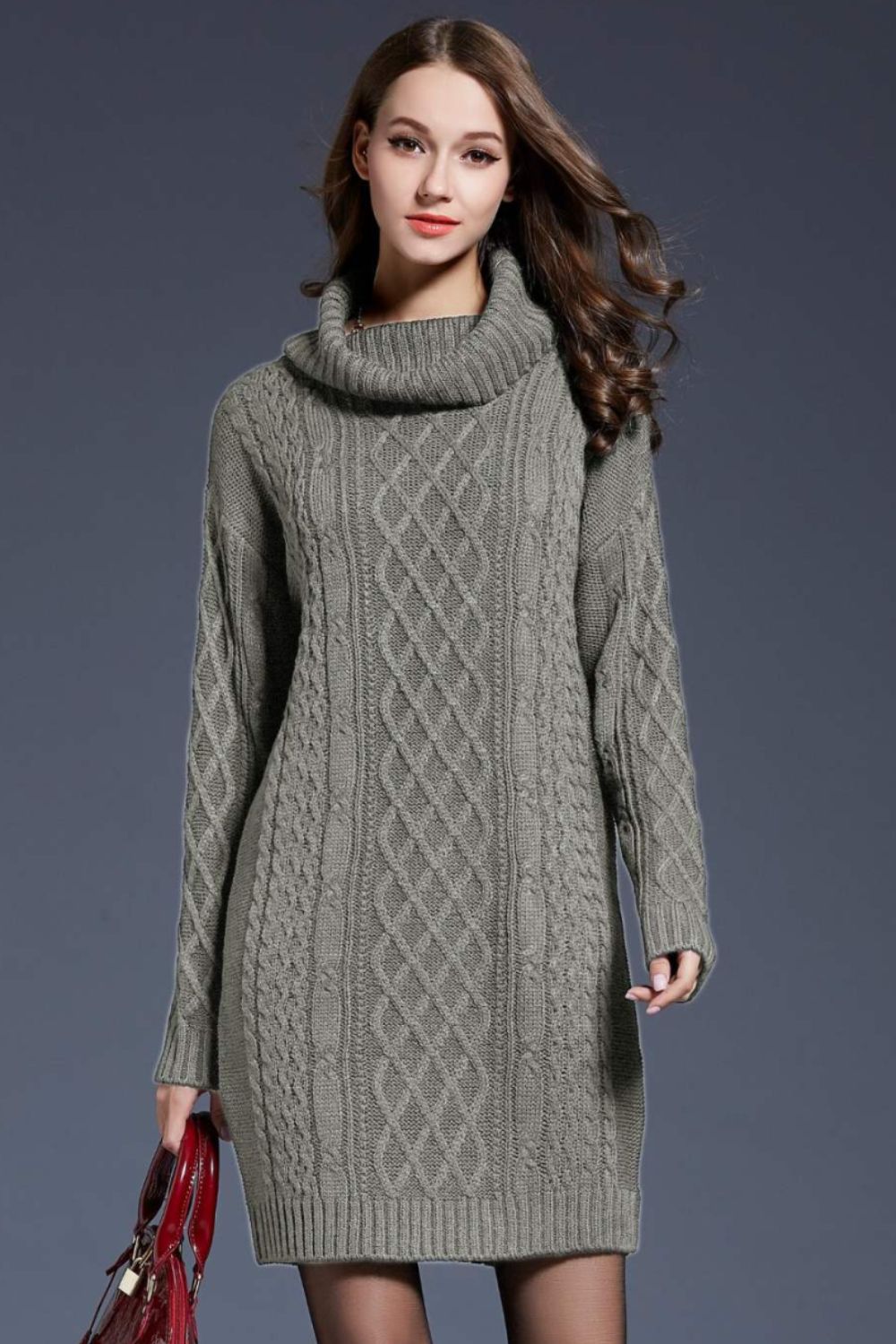 Woven Right Full Size Mixed Knit Cowl Neck Dropped Shoulder Sweater Dress - The Boutie Shop