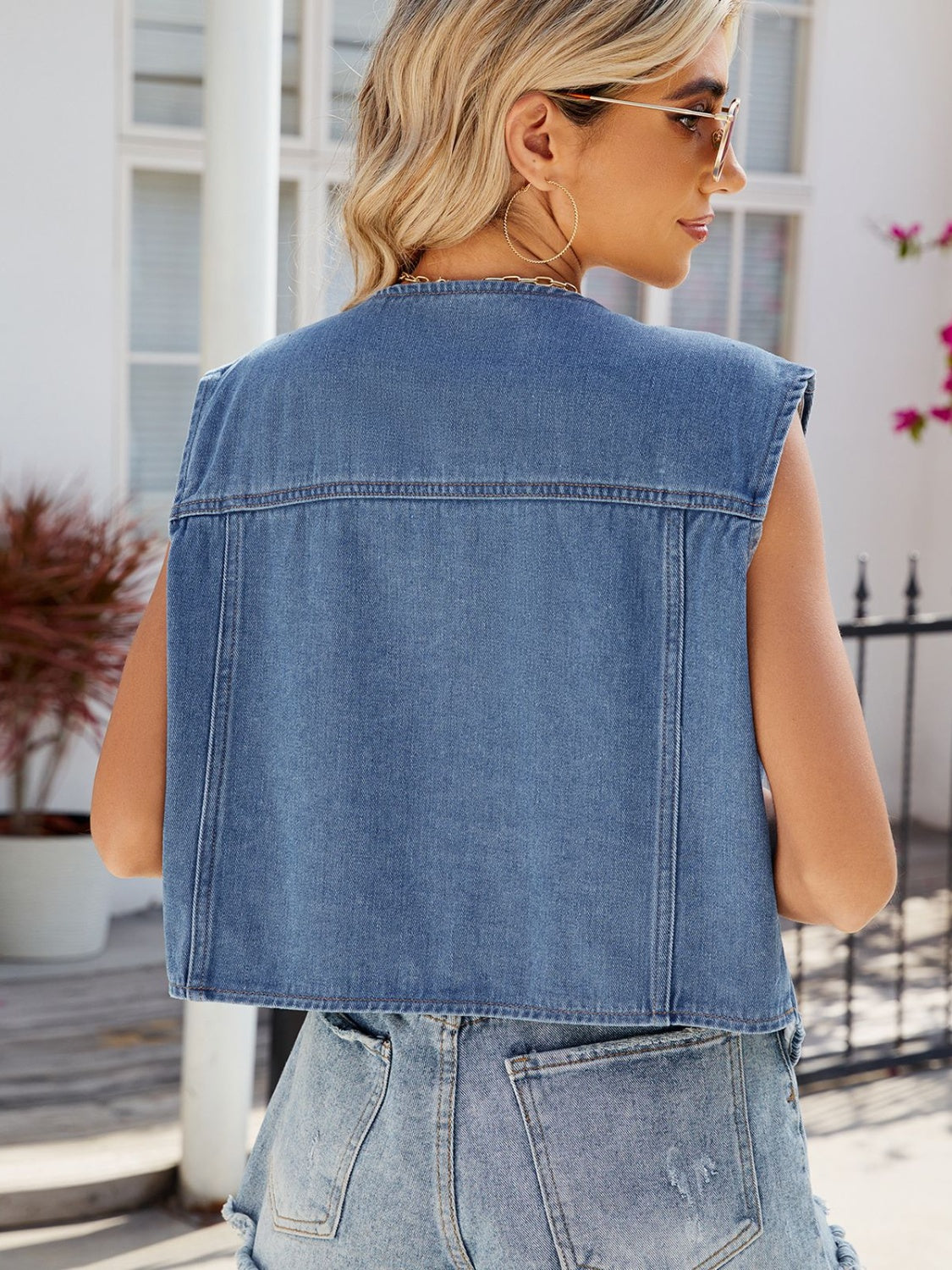 Pocketed Button Up Sleeveless Denim Jacket - The Boutie Shop