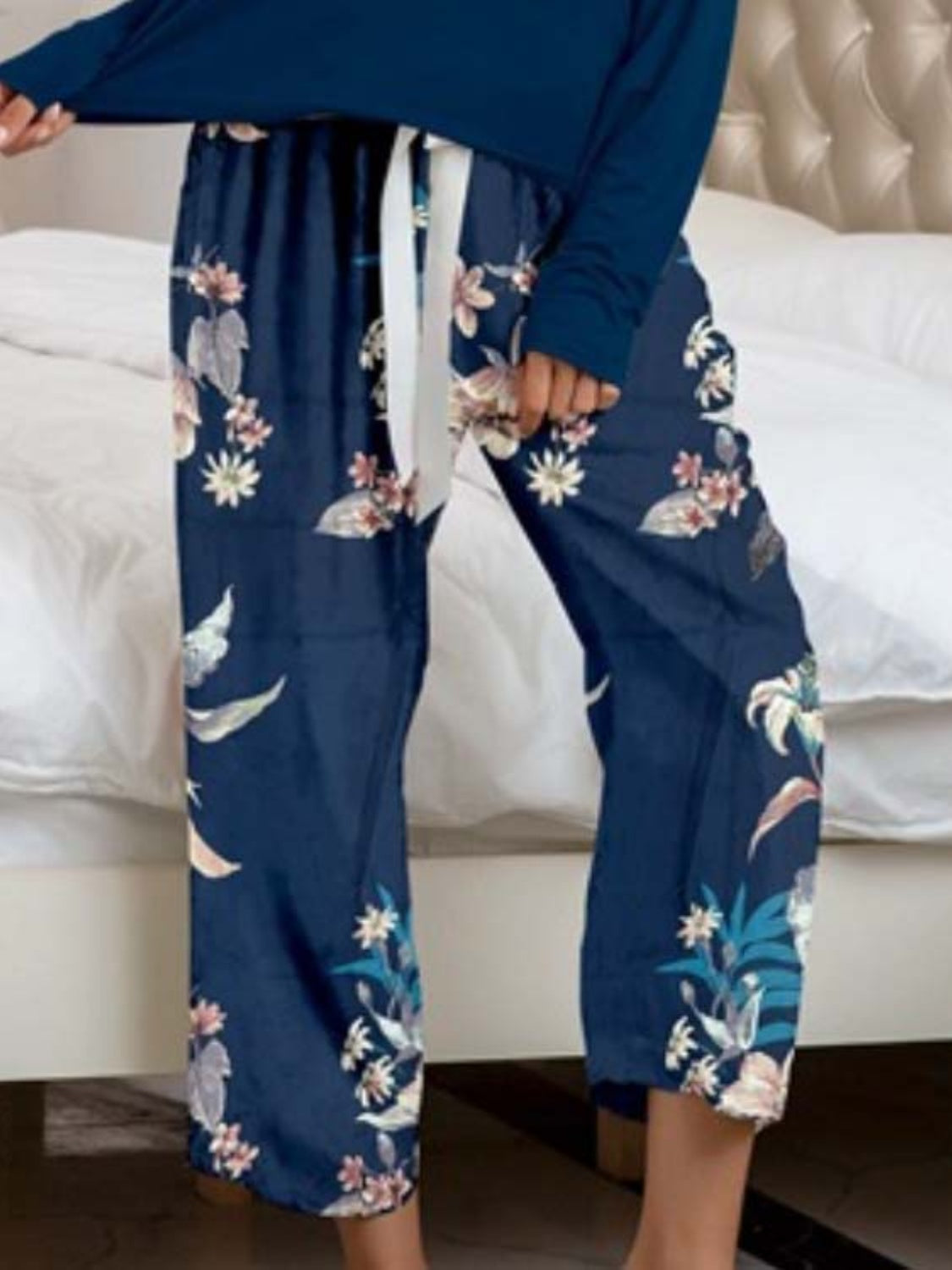 Round Neck Top and Printed Pants Lounge Set - The Boutie Shop