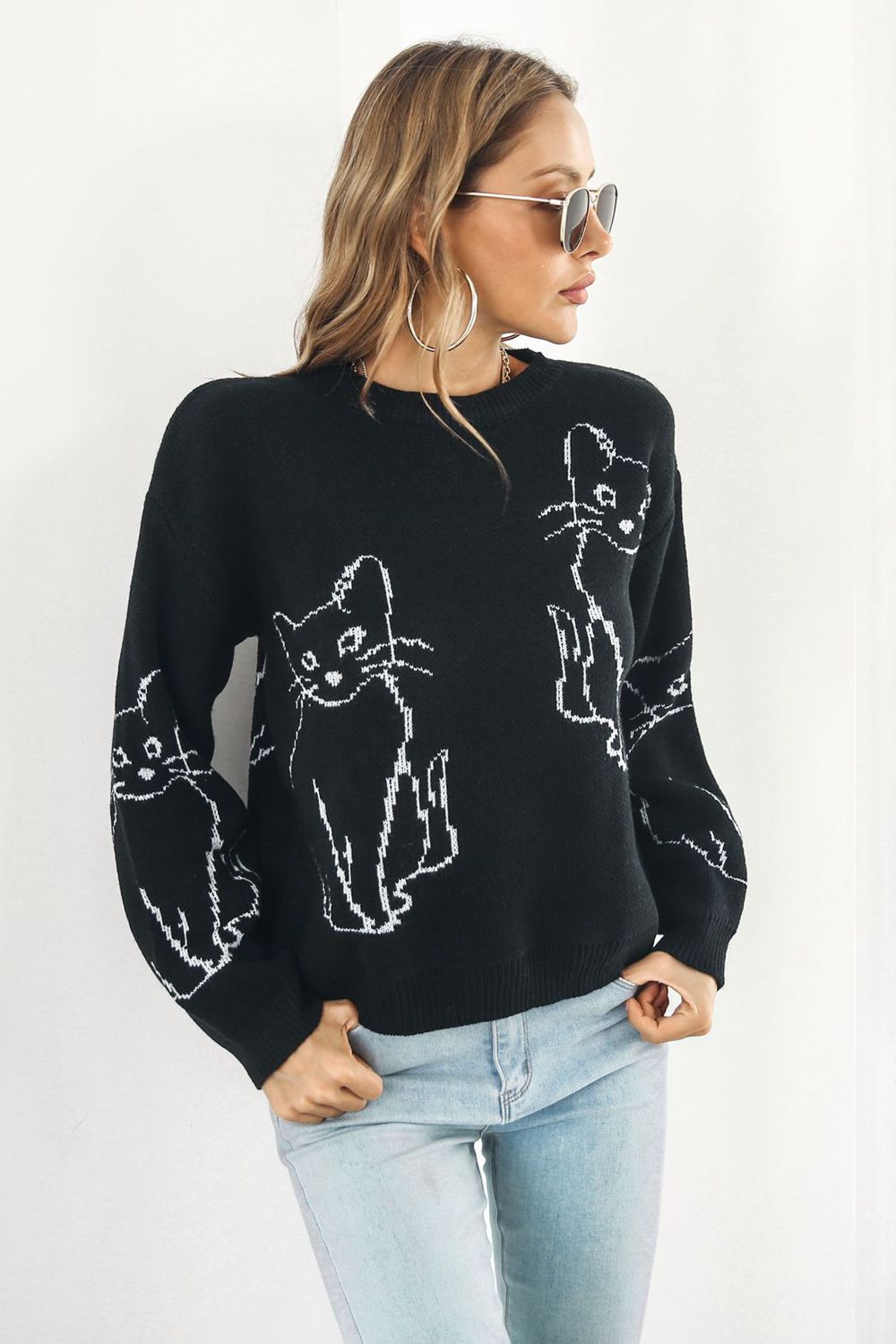 Cat Pattern Round Neck Long Sleeve Pullover Sweater - The Boutie Shop