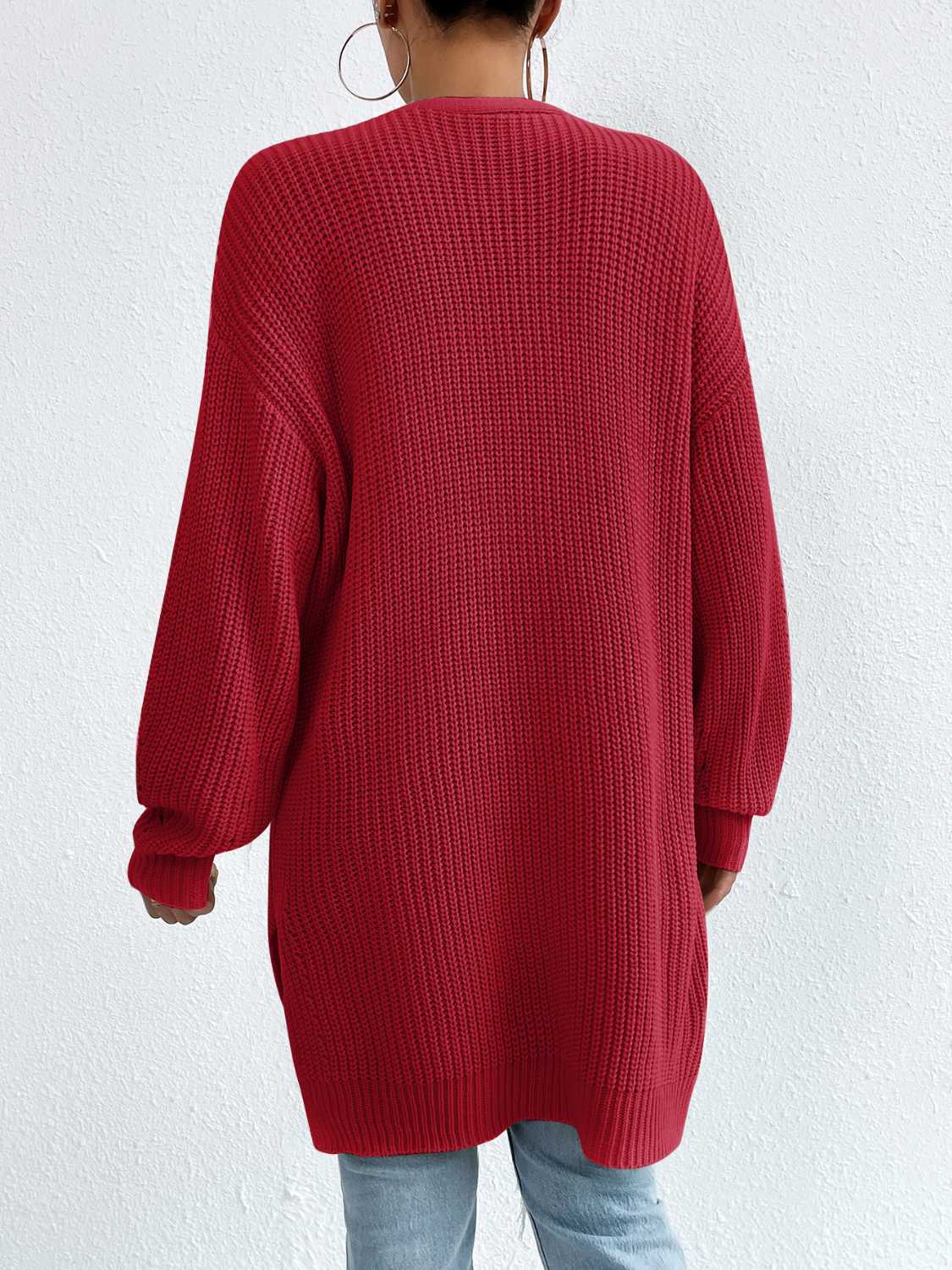 Open Front Dropped Shoulder Slit Cardigan - The Boutie Shop