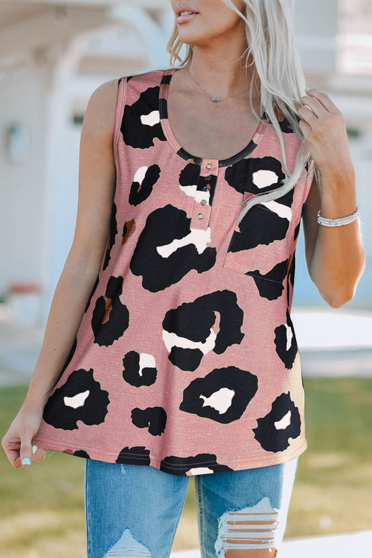 Pocketed Leopard Round Neck Tank - The Boutie Shop