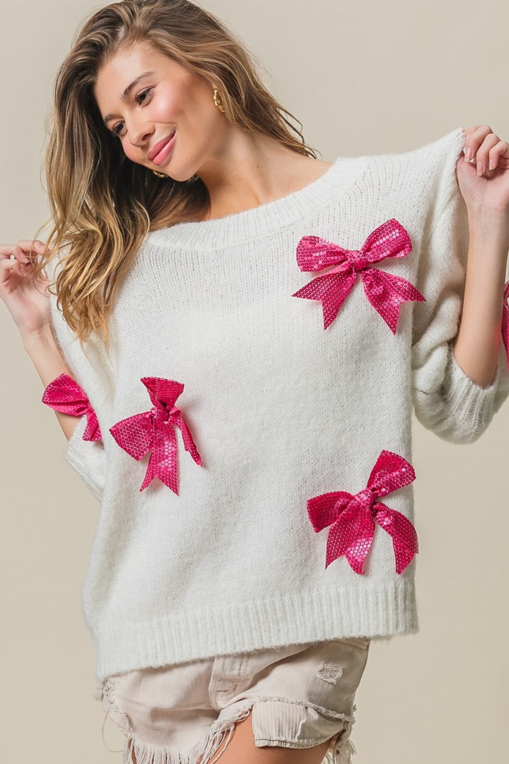 BiBi Sequin Bow Puff Sleeve Sweater - The Boutie Shop