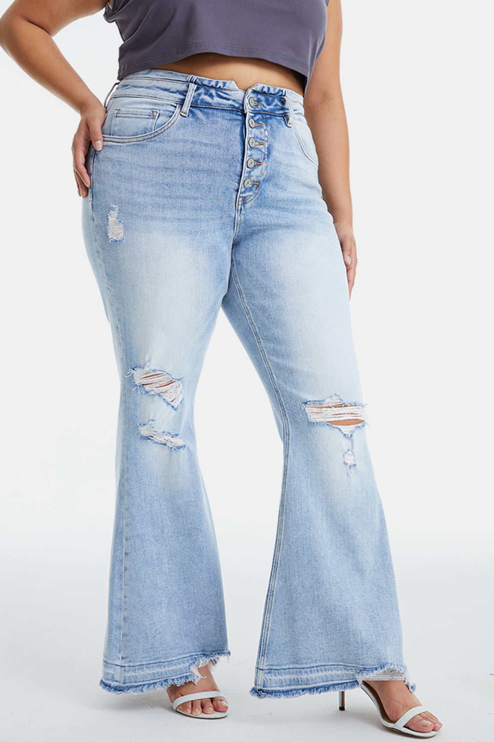 BAYEAS Full Size Distressed Raw Hem High Waist Flare Jeans - The Boutie Shop