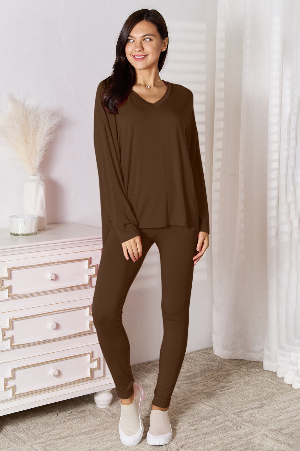 Basic Bae Full Size V-Neck Soft Rayon Long Sleeve Top and Pants Lounge Set - The Boutie Shop