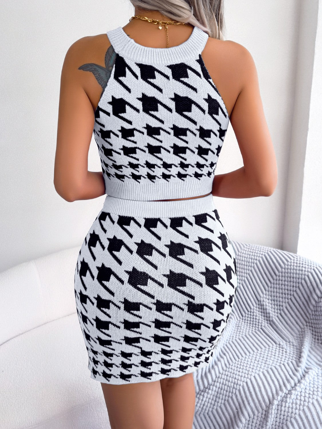 Houndstooth Sleeveless Top and Skirt Sweater Set - The Boutie Shop