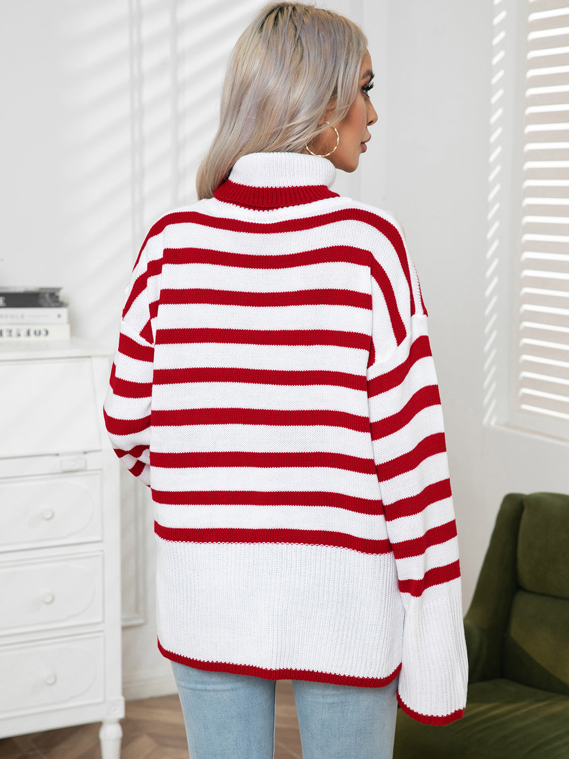 Striped Slit Turtleneck Drop Shoulder Sweater - The Boutie Shop