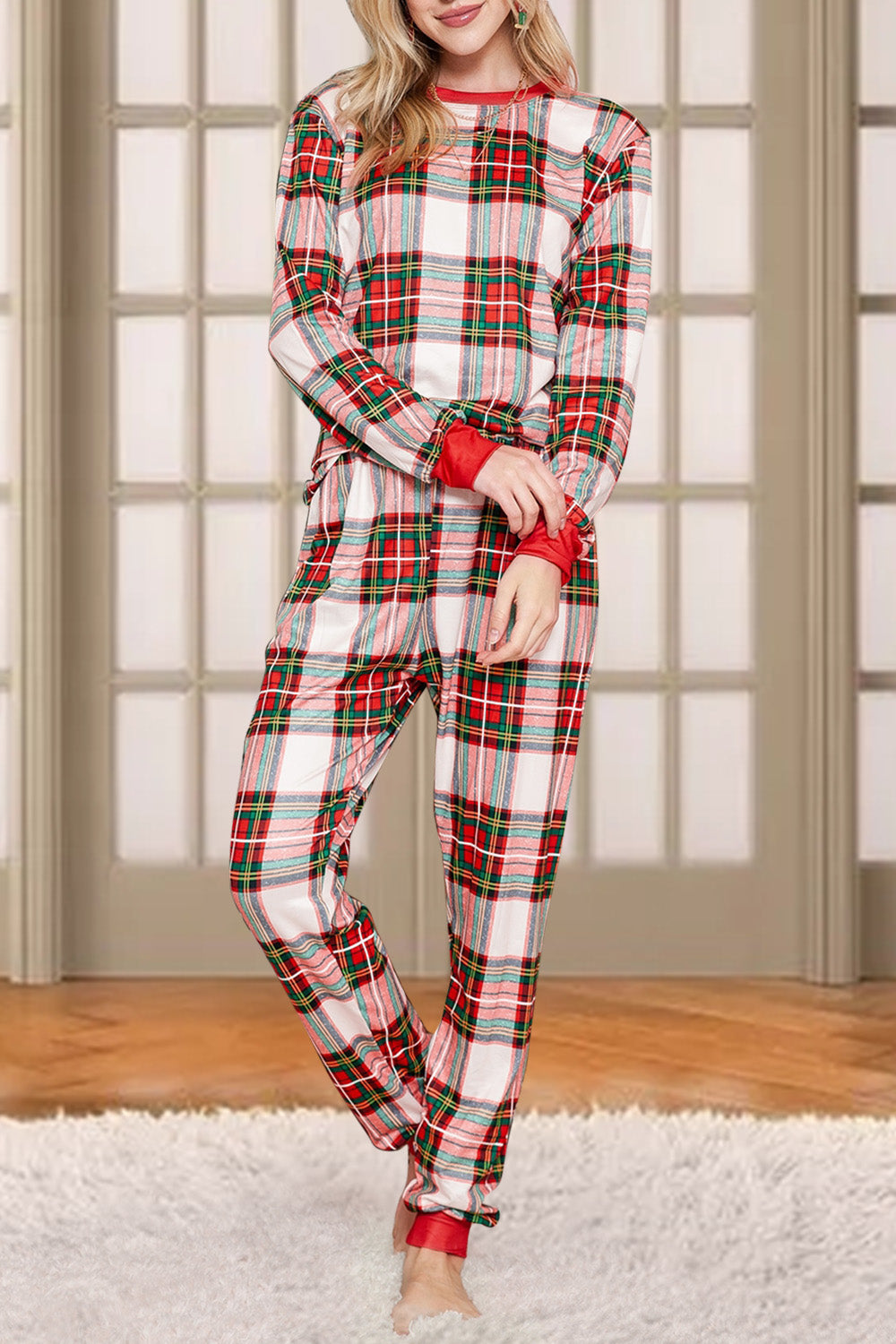 Plaid Round Neck Top and Pants Set - The Boutie Shop