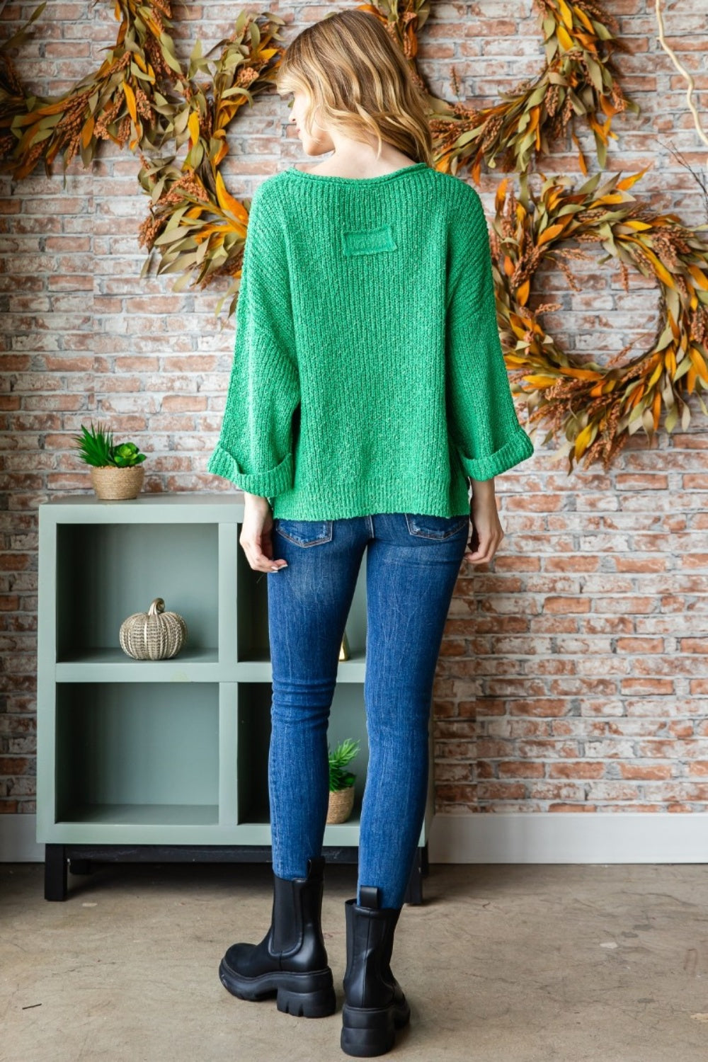 Veveret Notched Long Sleeve Sweater - The Boutie Shop