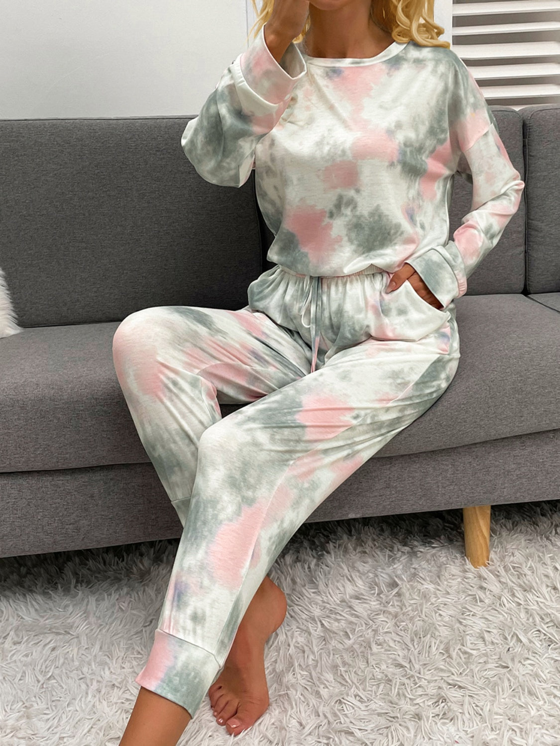 Shiny Tie-Dye Round Neck Top and Drawstring Pants Lounge Set - The Boutie Shop