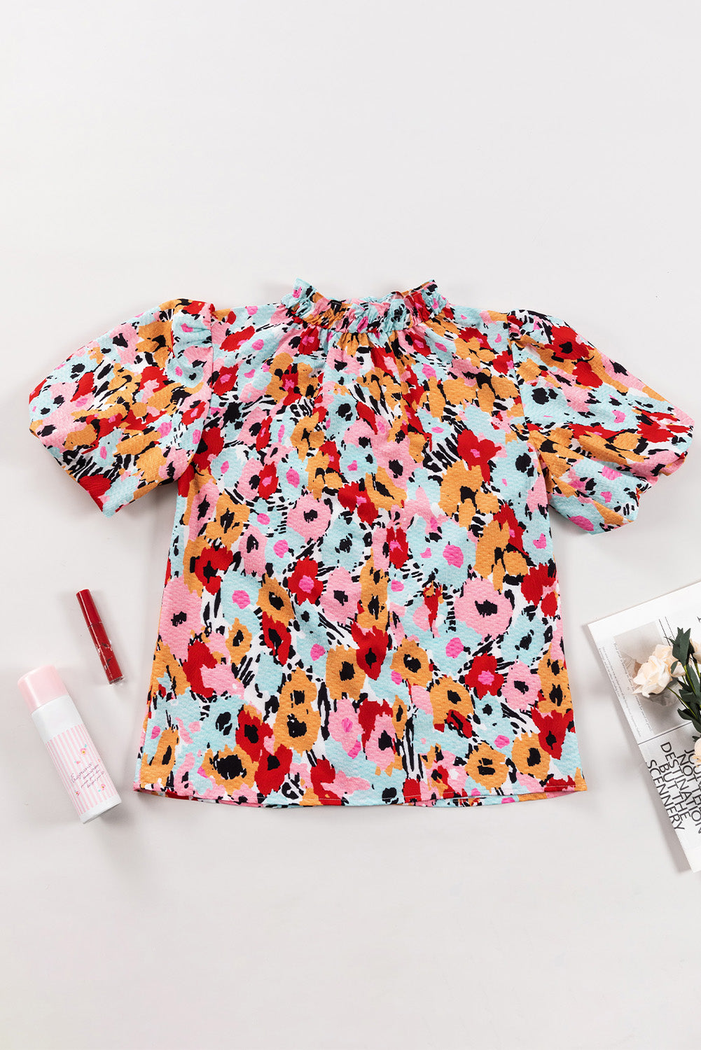 Printed Mock Neck Short Sleeve Blouse - The Boutie Shop