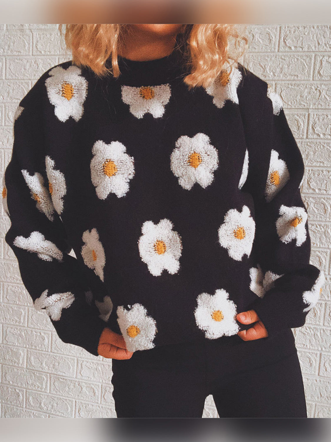 Flower Round Neck Long Sleeve Sweater - The Boutie Shop