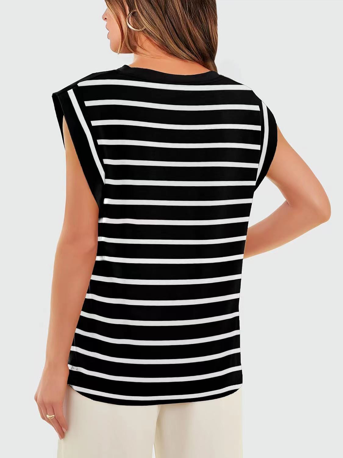 Striped Round Neck Cap Sleeve T-Shirt - The Boutie Shop