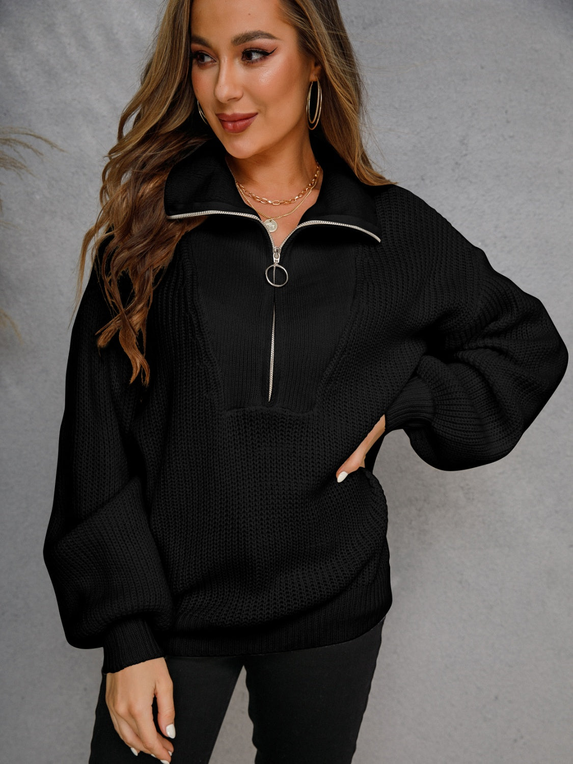 Angel Wings Half Zip Dropped Shoulder Sweater - The Boutie Shop