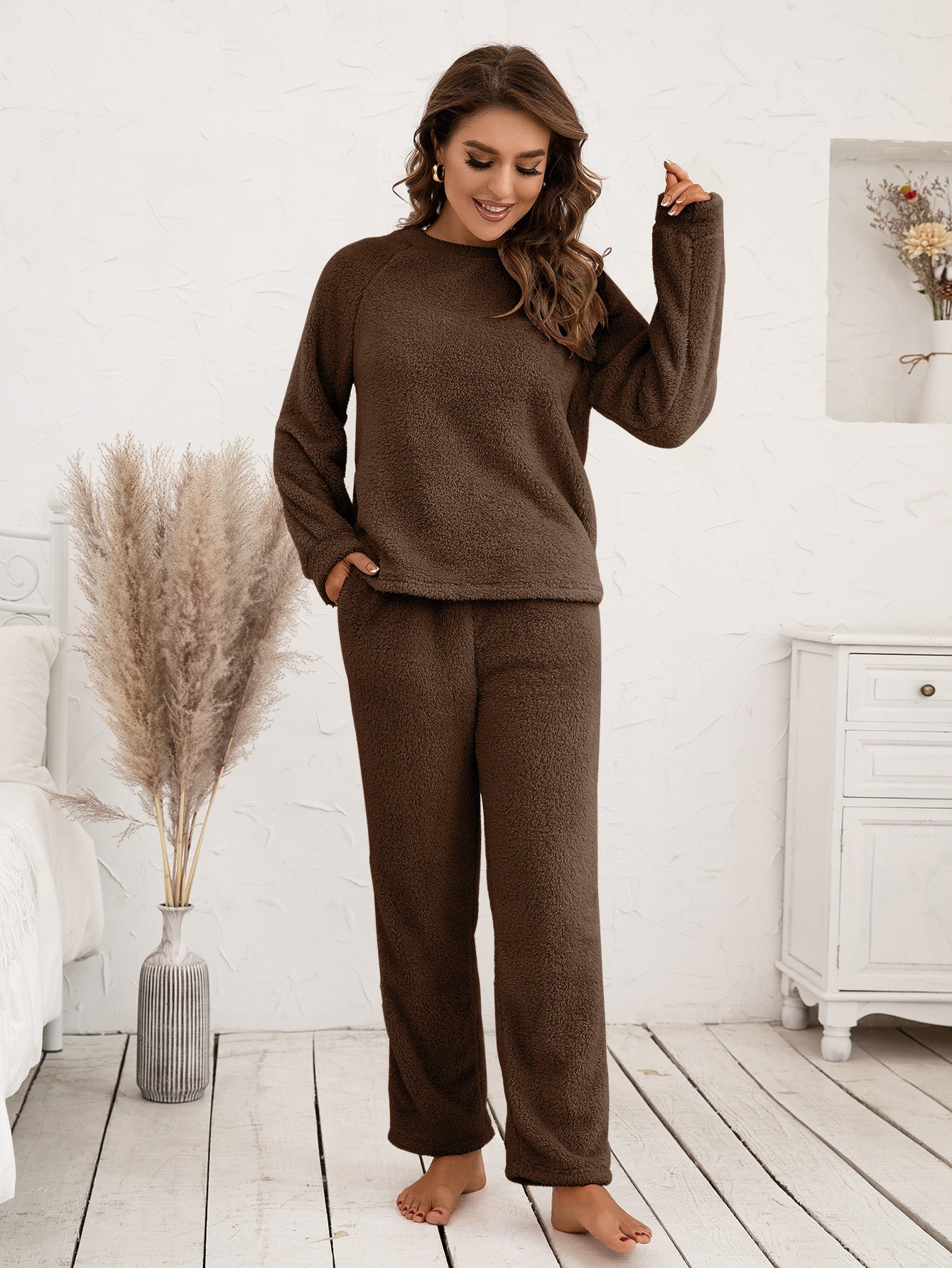 Ivy Lane Teddy Long Sleeve Top and Pants Lounge Set - The Boutie Shop