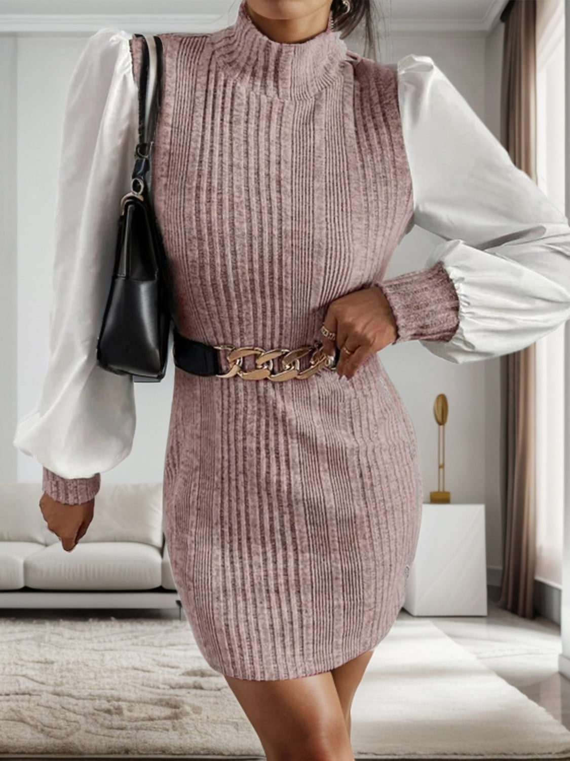 Ribbed Contrast Long Sleeve Sweater Dress - The Boutie Shop