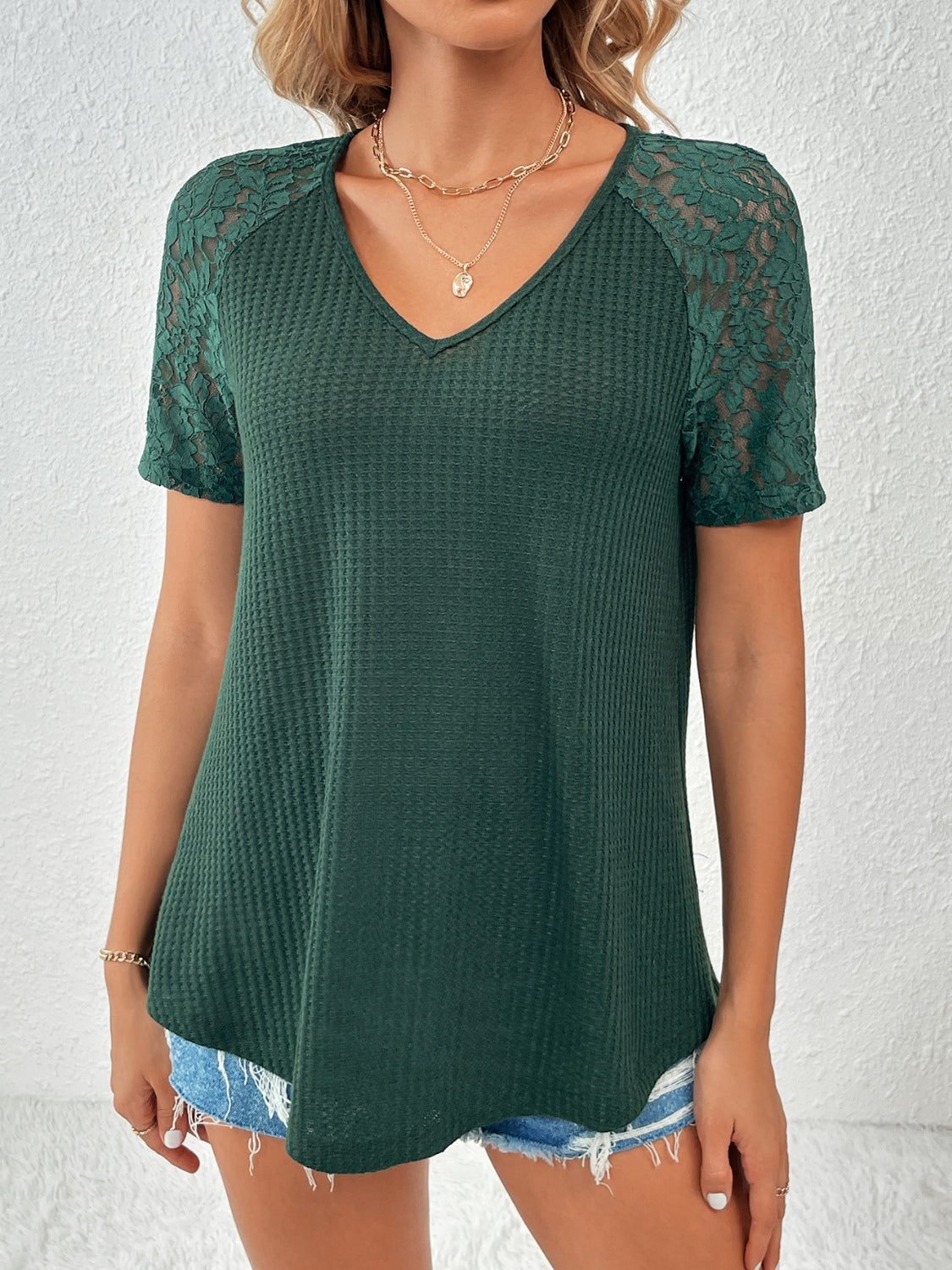 Ivy Lane Lace Detail V-Neck Short Sleeve T-Shirt - The Boutie Shop