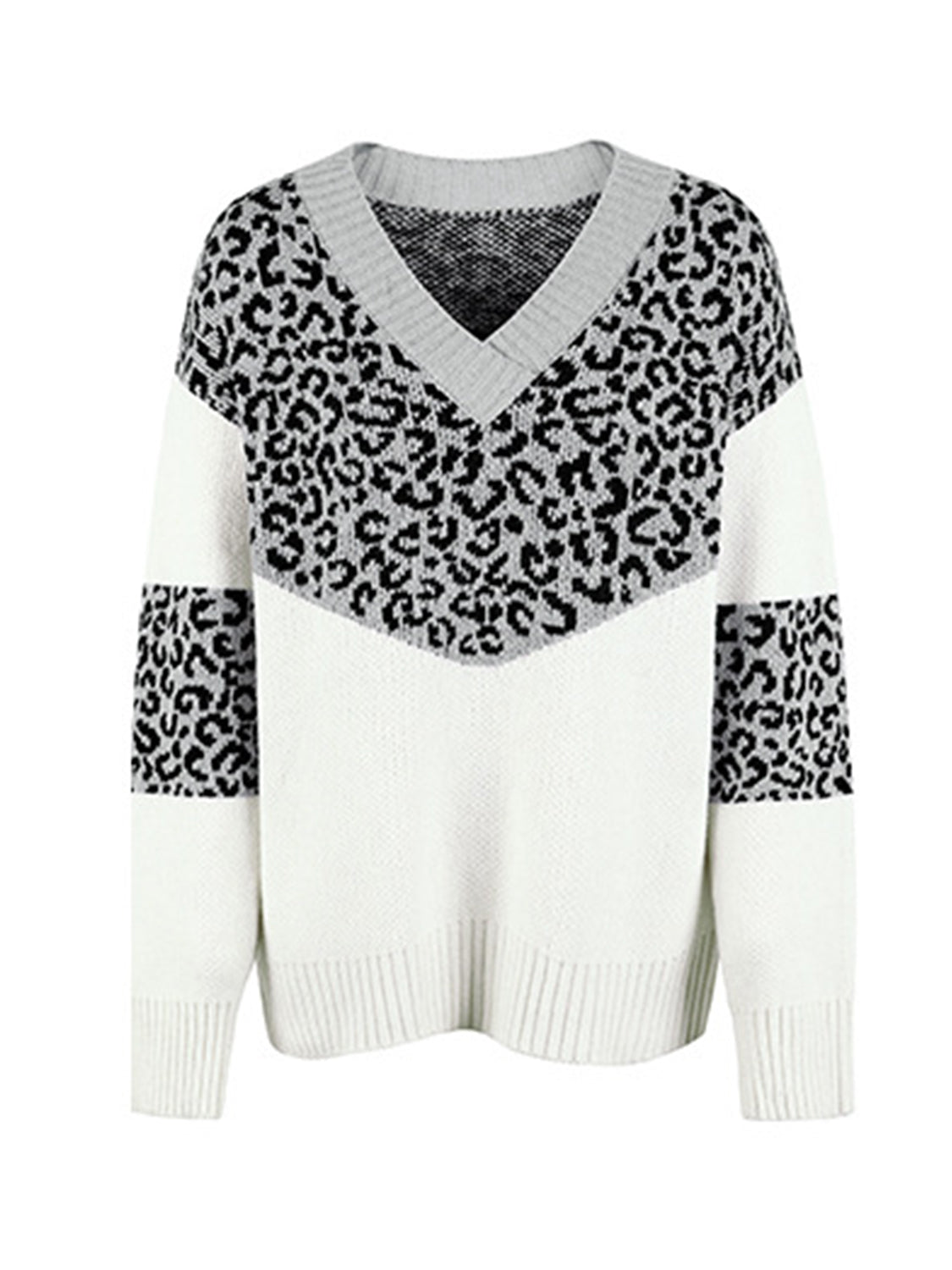 Leopard V-Neck Dropped Shoulder Sweater - The Boutie Shop