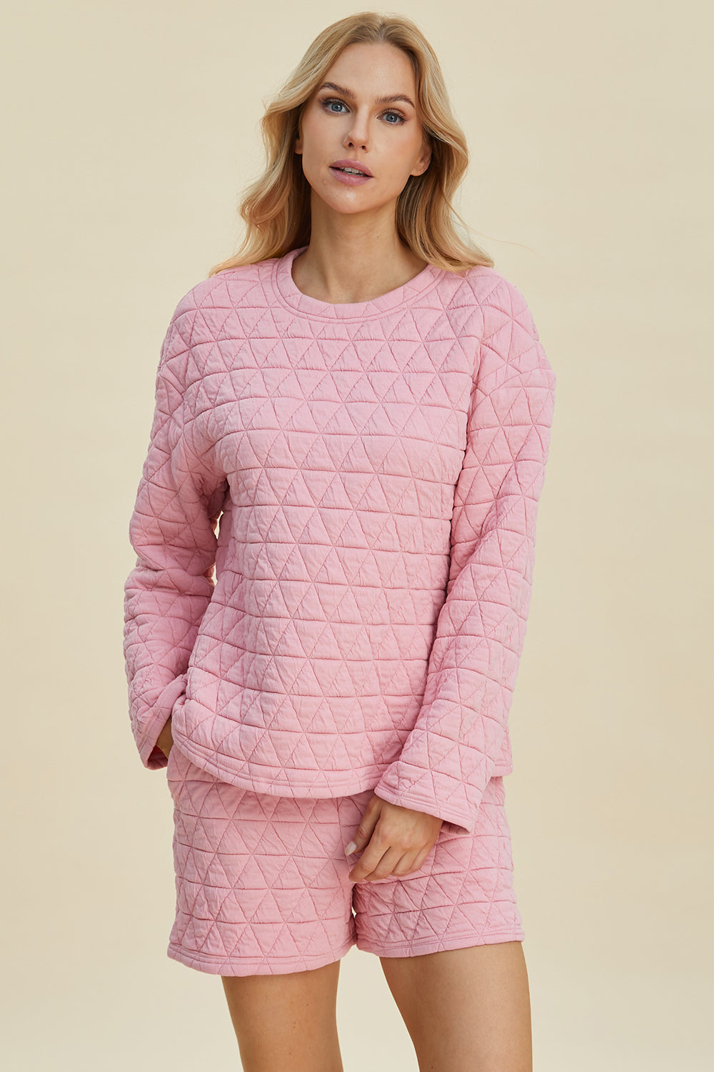 Double Take Full Size Texture Round Neck Long Sleeve Top and Shorts Set - The Boutie Shop