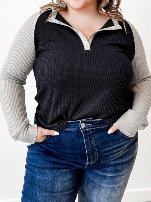 Plus Size Waffle-Knit Half Snap Long Sleeve Shirt - The Boutie Shop