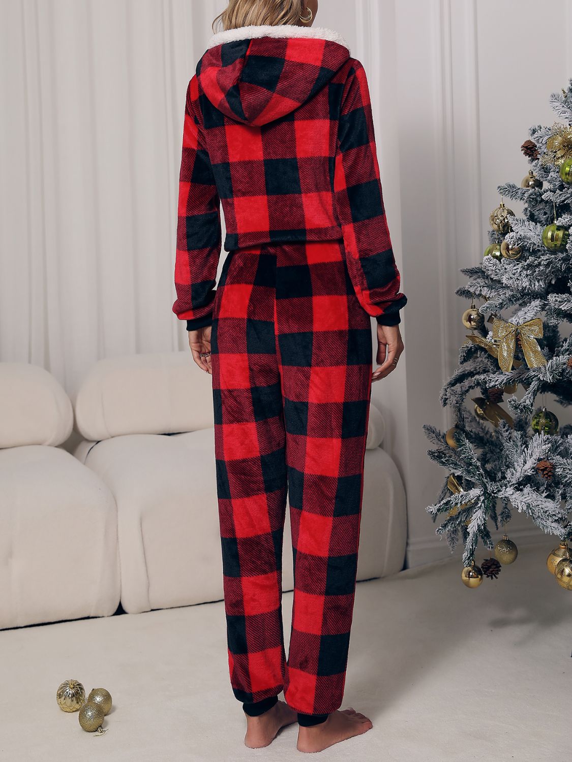 Plaid Zip Front Long Sleeve Hooded Lounge Jumpsuit - The Boutie Shop