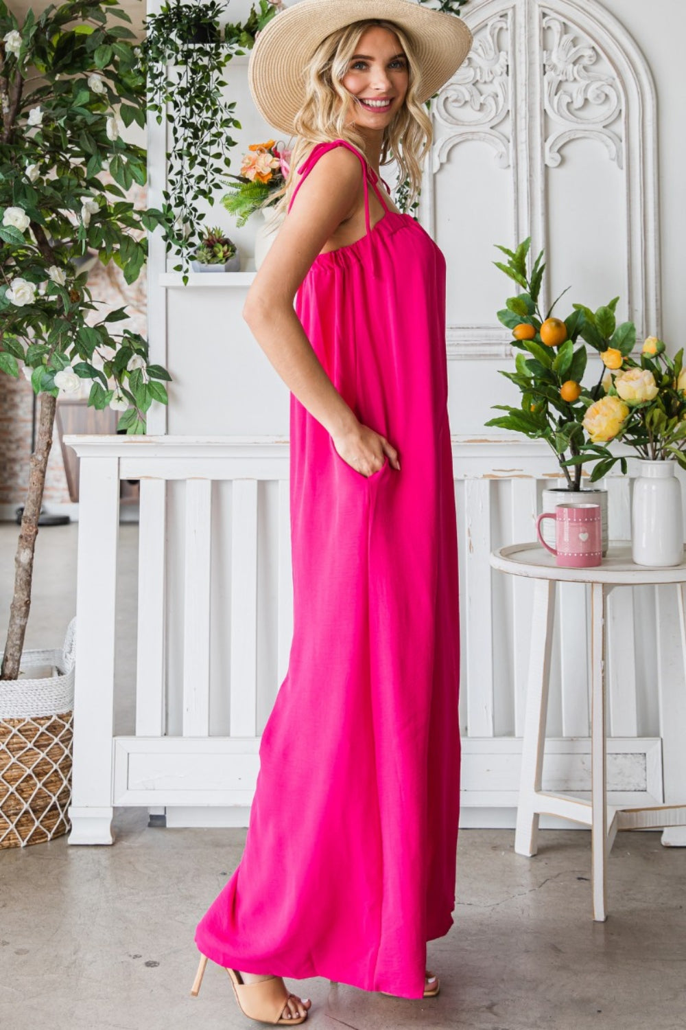 Veveret Pocketed Spaghetti Strap Wide Leg Jumpsuit - The Boutie Shop