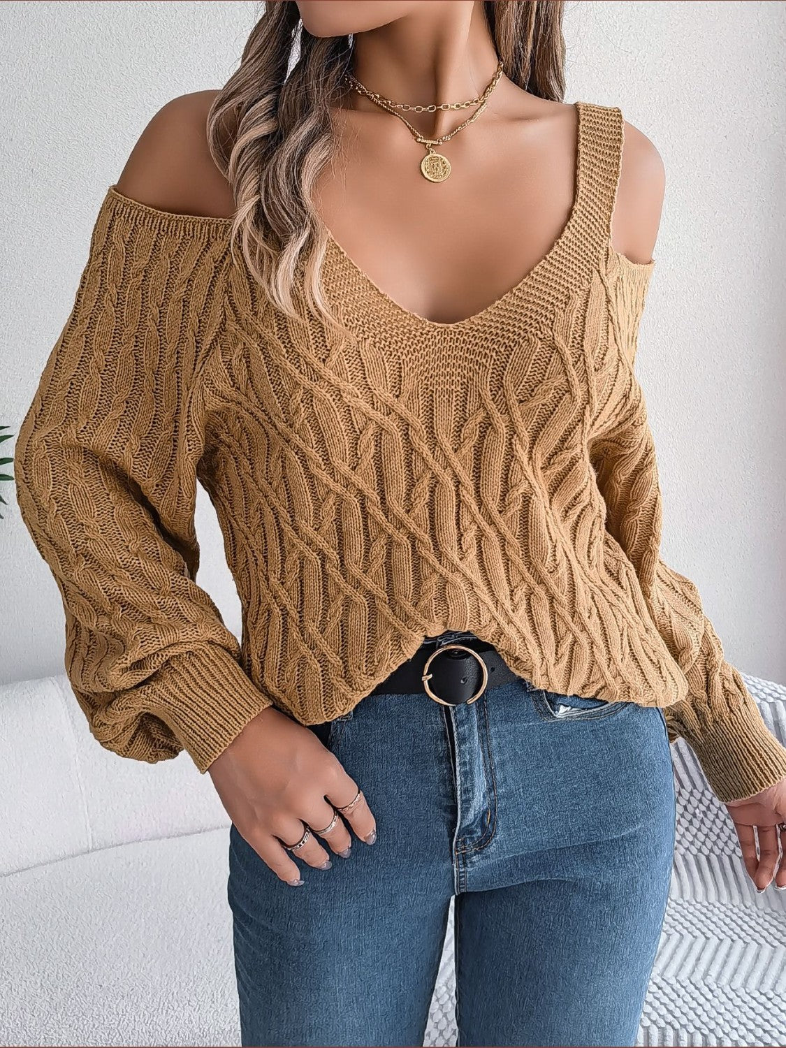 Cable-Knit Cold Shoulder Long Sleeve Sweater - The Boutie Shop