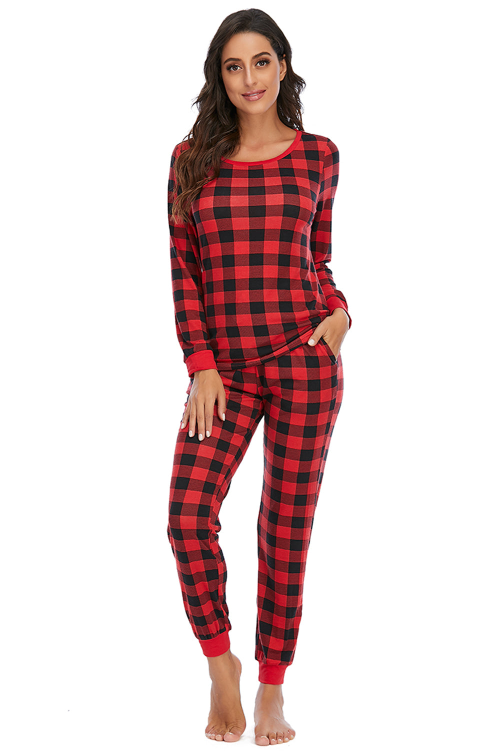 Plaid Round Neck Top and Pants Set - The Boutie Shop