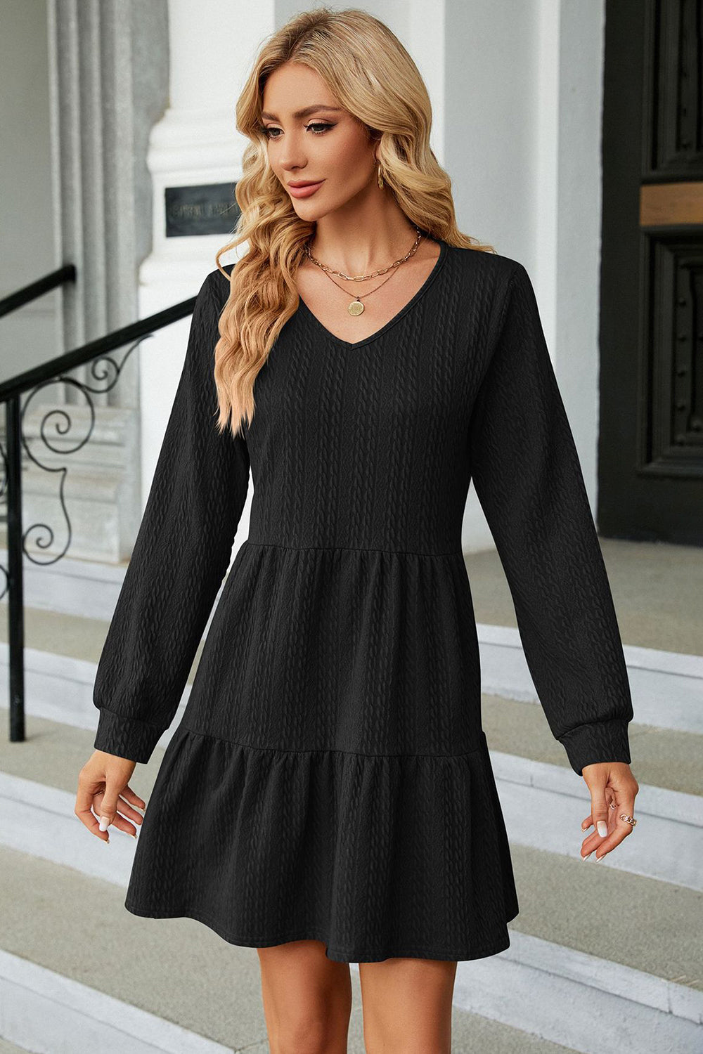 V-Neck Long Sleeve Mini Dress - The Boutie Shop