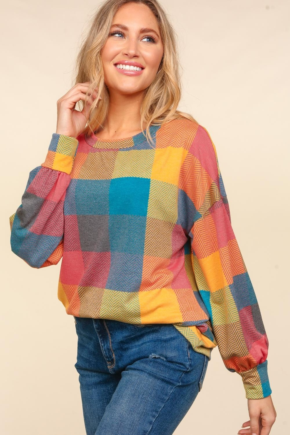 Haptics Round Neck Color Block Plaid Top - The Boutie Shop