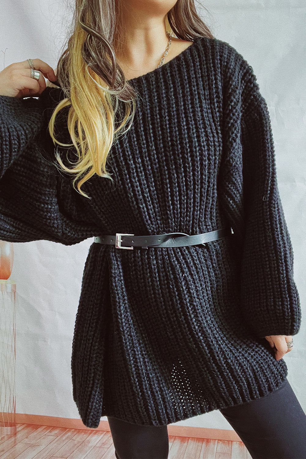 Boat Neck Dropped Shoulder Mini Sweater Dress - The Boutie Shop