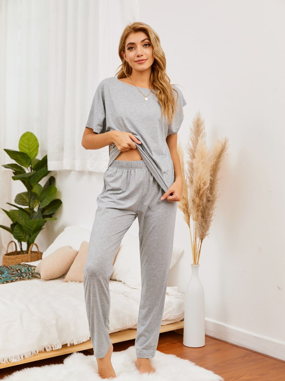 Boat Neck Top and Pants Lounge Set - The Boutie Shop