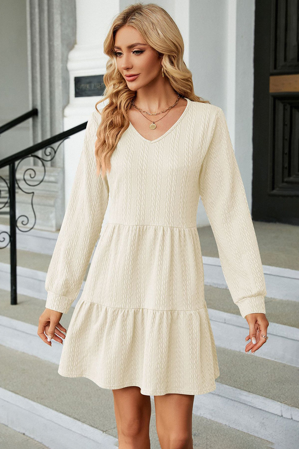 V-Neck Long Sleeve Mini Dress - The Boutie Shop