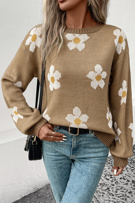 Perfee Floral Dropped Shoulder Sweater - The Boutie Shop