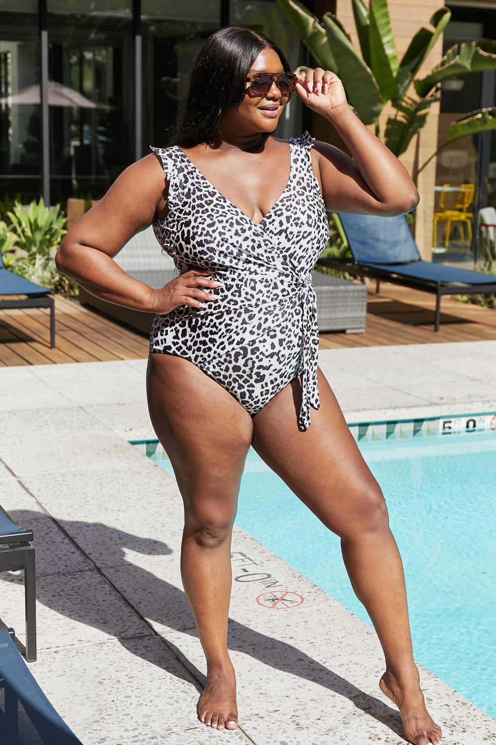 Marina West Swim Full Size Float On Ruffle Faux Wrap One-Piece in Cat - The Boutie Shop