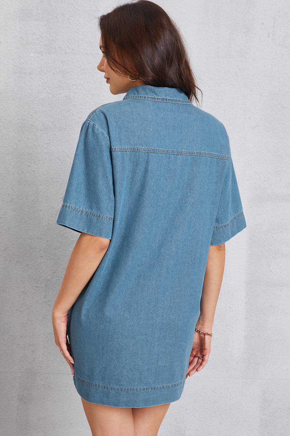 Pocketed Collared Neck Mini Denim Dress - The Boutie Shop